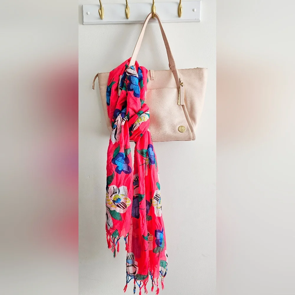 Aerie Floral Vibrant Multicolored Fringed Lightweight Scarf All Over Print
